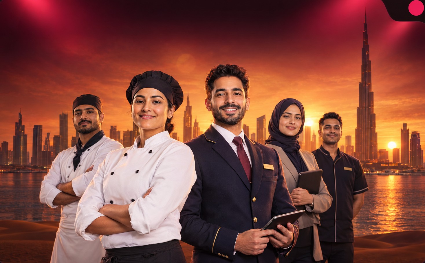Hospitality professionals overlooking the Dubai skyline